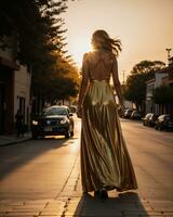 ai gerado lindo jovem mulher dentro uma grandes amarelo vestir caminhando em a rua às pôr do sol. ai generativo foto