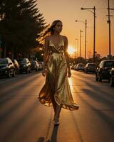 ai gerado lindo jovem mulher dentro uma grandes amarelo vestir caminhando em a rua às pôr do sol. ai generativo foto