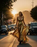 ai gerado lindo jovem mulher dentro uma grandes amarelo vestir caminhando em a rua às pôr do sol. ai generativo foto