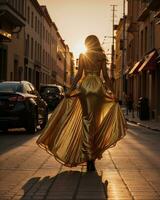 ai gerado lindo jovem mulher dentro uma grandes amarelo vestir caminhando em a rua às pôr do sol. ai generativo foto