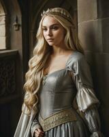 ai gerado lindo mulheres dentro medieval vestidos posando dentro frente do uma castelo. ai generativo foto