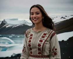 ai gerado retrato do uma jovem mulher sorridente às Câmera dentro frente do icebergs. ai generativo foto