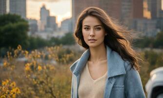 ai gerado retrato do uma lindo jovem mulher dentro a cidade às pôr do sol. ai generativo foto