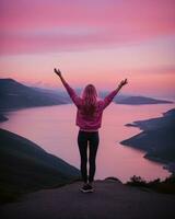 ai gerado jovem mulher caminhante aberto braços em topo do uma montanha às nascer do sol. ai generativo foto