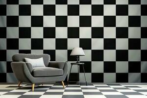 ai gerado vivo quarto interior com Preto e branco xadrez muro. foto