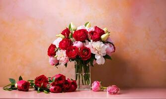 ai gerado ramalhete do vermelho e Rosa rosas em uma Rosa fundo com corações foto