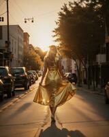 ai gerado lindo jovem mulher dentro uma grandes amarelo vestir caminhando em a rua às pôr do sol. ai generativo foto