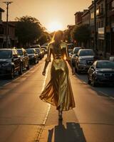 ai gerado lindo jovem mulher dentro uma grandes amarelo vestir caminhando em a rua às pôr do sol. ai generativo foto