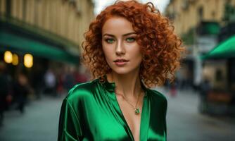 ai gerado lindo jovem mulher com vermelho encaracolado cabelo dentro uma verde vestir dentro a cidade às noite. ai generativo foto