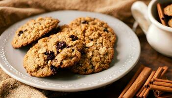 ai gerado aveia biscoitos com passas de uva e cranberries em uma placa. saudável comendo foto