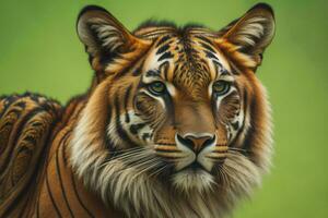 ai gerado retrato do uma tigre em uma verde fundo. fechar-se. ai gerado foto