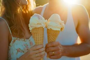 ai gerado casal mãos segurando baunilha gelo creme cones. generativo ai. foto