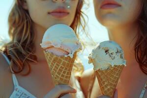 ai gerado casal desfrutando com gelo creme cones em a de praia. generativo ai. foto