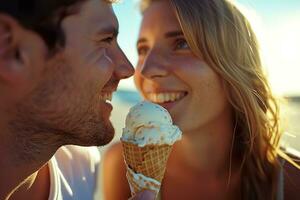 ai gerado sorridente casal desfrutando gelo creme cones. generativo ai. foto