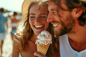 ai gerado sorridente casal desfrutando gelo creme cones. generativo ai. foto