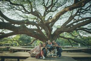 felicidade ásia família sentado debaixo grande árvore de chuva foto