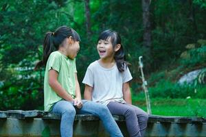 fofa ásia meninas sentado juntos em de madeira ponte. dois feliz jovem fofa meninas estão tendo Diversão ao ar livre. ásia irmãos jogando dentro a jardim. foto