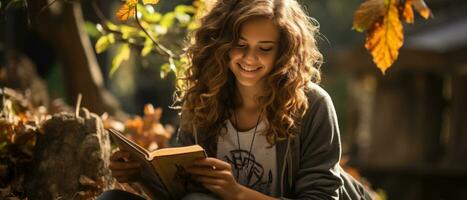 ai gerado retrato do uma jovem, feliz aluna lendo uma livro enquanto inclinado contra uma árvore dentro uma ensolarado parque. foto