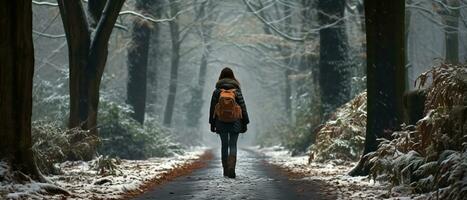 ai gerado foto do uma solitário caminhante, uma mulher caminhando através uma coberto de neve floresta, dela figura envelope dentro névoa.