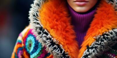 ai gerado mulher dentro colorida tricotado casaco. ai generativo. foto