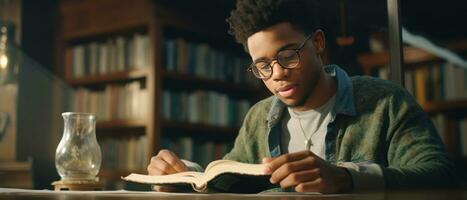 ai gerado tranquilo biblioteca atmosfera, jovem leitores absorvido dentro livros. ai generativo. foto