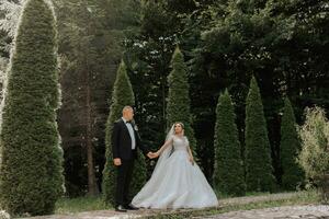 Casamento retrato.o noiva e noivo estão segurando mãos. a noiva dentro a elegante vestir, a noivo dentro uma clássico terno contra a fundo do verde árvores □ Gentil tocar. verão casamento. uma andar dentro natureza foto