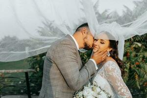 jovem Casamento casal desfrutando romântico momentos ao ar livre em uma verão Prado. uma noiva com uma coroa em dela cabeça e uma grandes véu. noivo dentro uma clássico cinzento terno foto