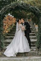 uma feliz casal do à moda recém-casados dentro uma verde parque em a outono dia. a noiva dentro uma grandes branco vestir e a noivo dentro uma Preto terno. retrato do a noiva e noivo em seus Casamento dia. foto