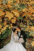 noivo e noiva dentro outono floresta, Casamento cerimônia, lado visualizar. noivo e noiva em a fundo do amarelado outono folhas. a foto estava ocupado através a amarelecimento folhas do a árvores