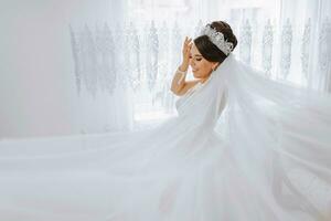 retrato do uma noiva com uma lindo Penteado e tiara em dela cabeça e natural Maquiagem posando dentro uma branco roupão dentro dela sala. a beleza do a garota. uma grandes branco véu foto