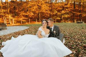 retrato do uma feliz Casamento casal, a noiva e noivo estão caminhando e se beijando dentro a outono floresta, parque foto