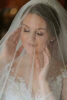 fechar-se tiro do a elegante morena noiva dentro uma branco vestir posando debaixo uma véu fechar-se. noiva retrato, profissional Casamento Maquiagem e Penteado, nupcial moda. lindo noiva dentro uma véu foto