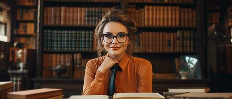 ai gerado na moda fêmea aluna sentado entre estantes de livros dentro a velho universidade biblioteca, profundamente absorta dentro estudo. foto