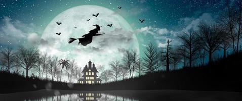 silhueta de halloween da bruxa voando sobre a lua cheia. foto