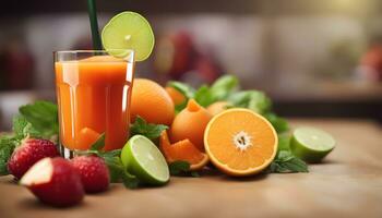 ai gerado fresco fruta suco com laranja fatias e morangos foto