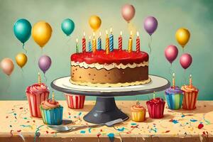 ai gerado uma aniversário bolo com velas e balões foto