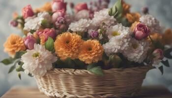 ai gerado uma cesta preenchidas com flores em uma mesa foto