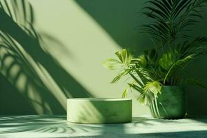 ai gerado mínimo abstrato pódio verde fundo para produtos apresentação. tropical folha sombra em gesso muro. 3d renderizar. Primavera e verão. generativo ai. foto