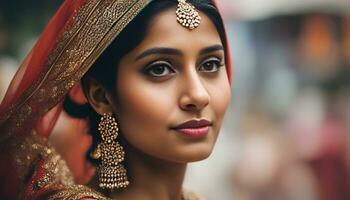 ai gerado uma lindo indiano noiva vestindo tradicional joalheria foto