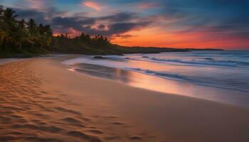 ai gerado uma de praia com pegadas e Palma árvores às pôr do sol foto