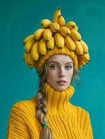 ai gerado pró foto do uma mulher vestindo amarelo suéter e uma chapéu coberto com banans