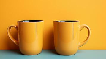 ai gerado casal caneca copo amarelo cerâmico brincar café beber marca marketing foto