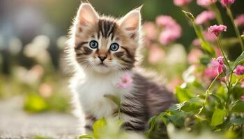 ai gerado uma gatinho é sentado dentro a Relva com flores foto