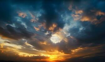 ai gerado a lindo pôr do sol Visão com a azul céu e nuvens dentro verão foto