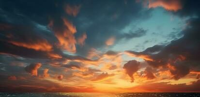 ai gerado a lindo pôr do sol Visão com a azul céu e nuvens dentro verão foto