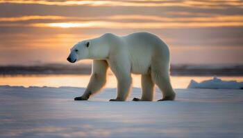 ai gerado uma polar Urso caminhando através uma Nevado campo às pôr do sol foto