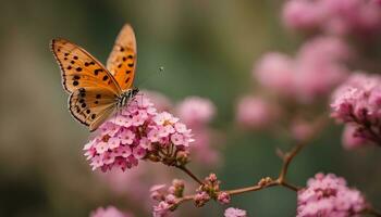 ai gerado borboleta em Rosa flores foto