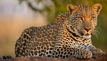 ai gerado uma leopardo é sentado em uma registro dentro a selvagem foto