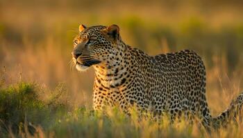 ai gerado uma leopardo é caminhando através alta Relva dentro a Sol foto
