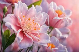 ai gerado uma fechar acima do uma grupo do Rosa flores, Rosa e branco dália foto